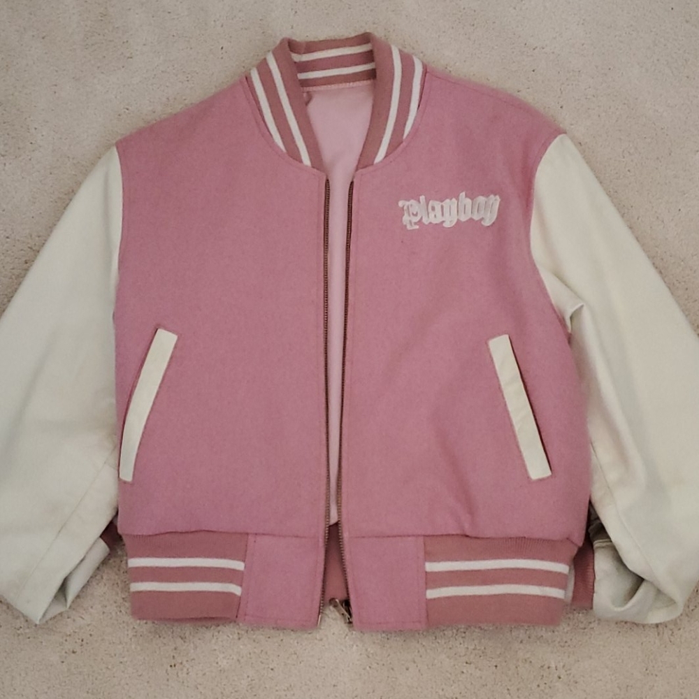 Pink and Cream Playboy Varsity reversible leather
